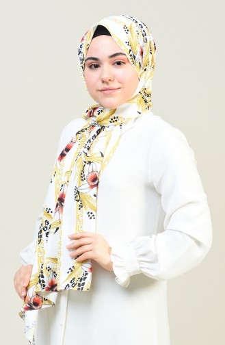 Flower Patterned Silk Crepe Shawl White Yellow 26022-01