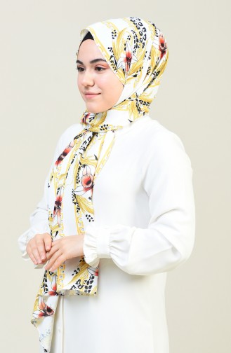 Flower Patterned Silk Crepe Shawl White Yellow 26022-01