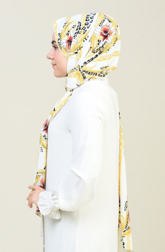 Flower Patterned Silk Crepe Shawl White Yellow 26022-01