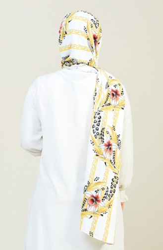 Flower Patterned Silk Crepe Shawl White Yellow 26022-01