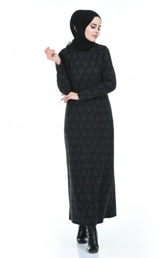 Desenli Kışlık Elbise 8841-01 Siyah