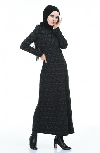 Patterned Winter Dress Black 8841-01