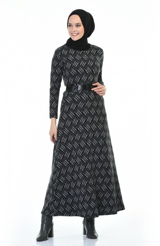 Kemerli Kışlık Elbise 5369-02B Siyah Gri