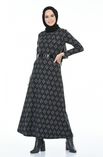 Kemerli Kışlık Elbise 5369-02B Siyah Gri