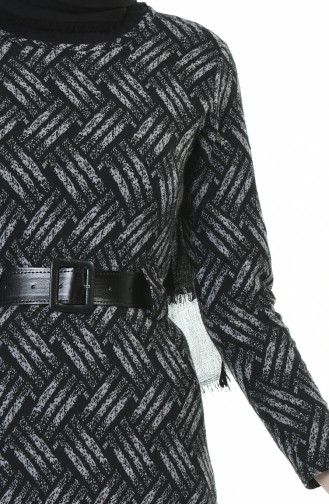 Belted Winter Dress Black Gray 5369B-02