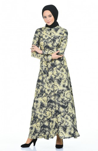 Desenli Kuşaklı Elbise 60060-02 Sarı