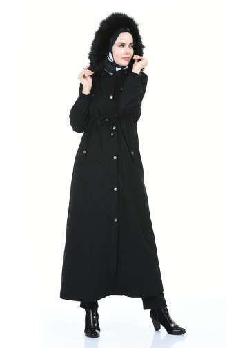 معطف طويل بقبعة أسود 4042-01
