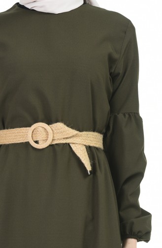 Buttoned Sleeve Frilled Dress 4527-06 Khaki 4527-06