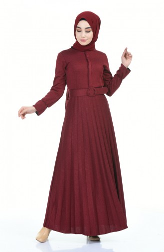 Robe Plissée à Ceinture 5056-01 Bordeaux 5056-01