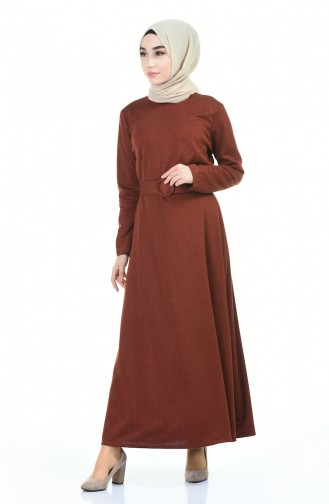Kemerli Kışlık Elbise 5062-04 Tarçın Renk