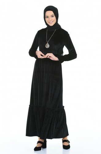 Kadife Büzgülü Elbise 5053-02 Siyah