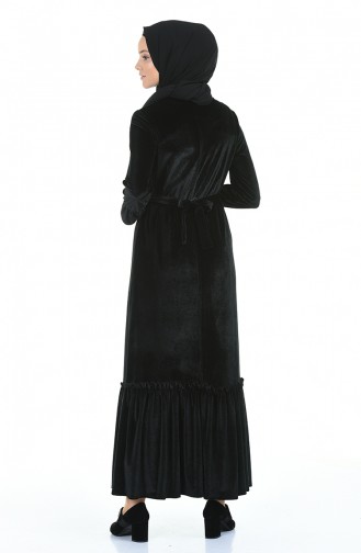 Kadife Büzgülü Elbise 5053-02 Siyah