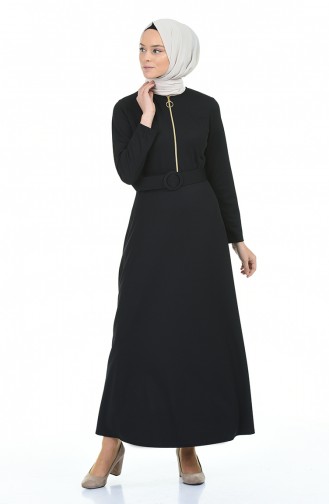 Fermuar Detaylı Kemerli Elbise 5059-03 Siyah