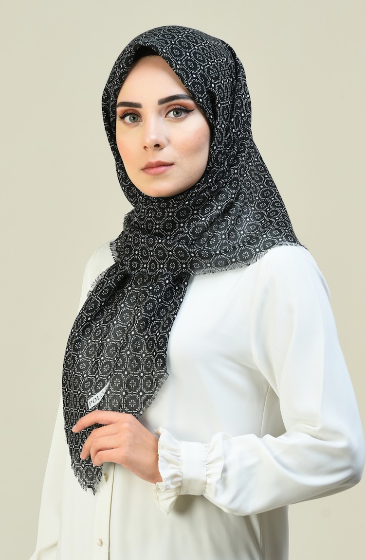 Desenli Flamlı Keten Eşarp 2395-04 Siyah