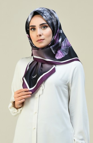 Desenli İpeksi Twill Eşarp 13126-01 Mor