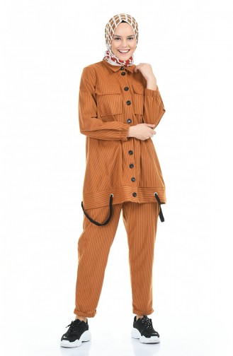 Fitilli Kadife Tunik Pantolon İkili Takım 5924-01 Kahverengi