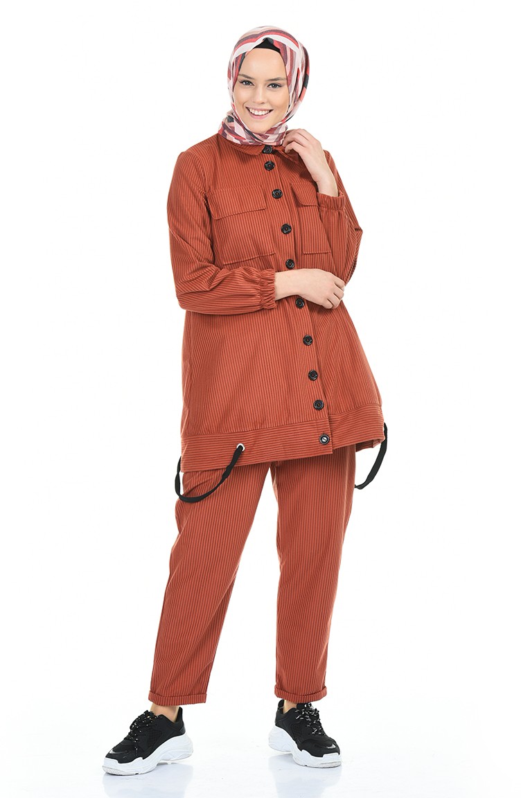 Fitilli Kadife Tunik Pantolon İkili Takım 5924-05 Kiremit