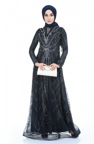 Silvery Evening Dress with Strass Navy Blue 5046-01