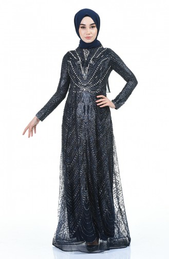 Silvery Evening Dress with Strass Navy Blue 5046-01