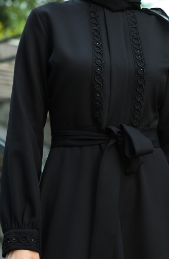 Önü Detaylı Kuşaklı Elbise 8029-01 Siyah
