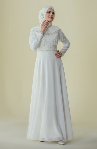 Cream Hijab Evening Dress 9201-01