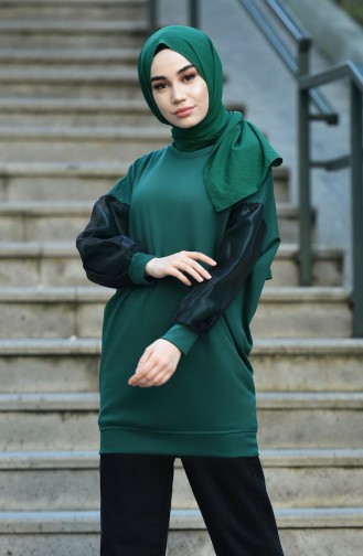 Sweatshirt Détail Manches Organza 8088-04  Vert émeraude 8088-04