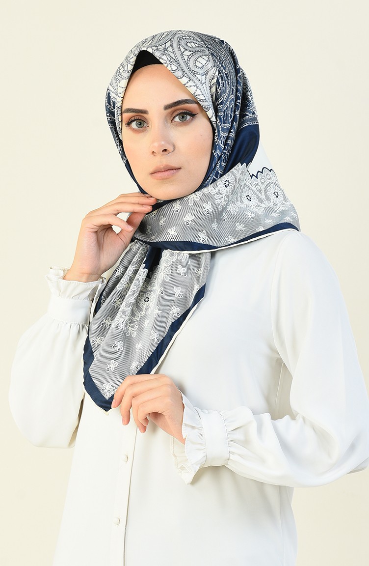 Gemustertes Rayon Kopftuch 70141-18 Dunkelblau Creme 70141-18