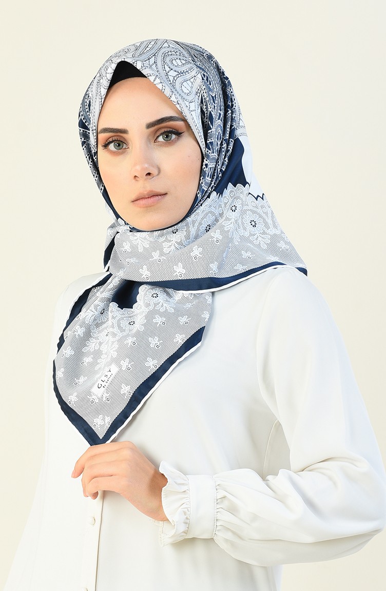 Desenli Rayon Eşarp 70141-20 Lacivert Beyaz