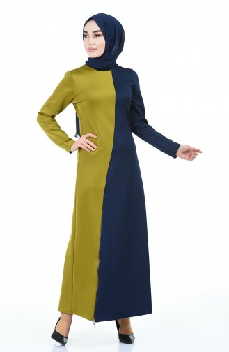 Fermuar Detaylı Elbise 8001-04 Lacivert Yağ Yeşili