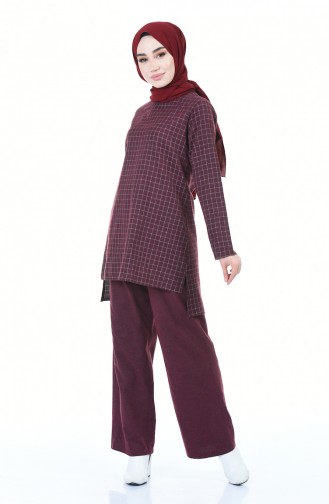 Ekoseli Tunik Pantolon İkili Takım 3108-02 Bordo