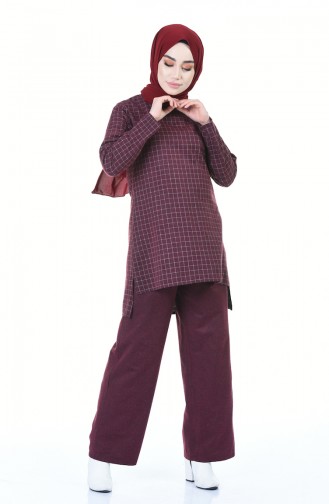 Ekoseli Tunik Pantolon İkili Takım 3108-02 Bordo