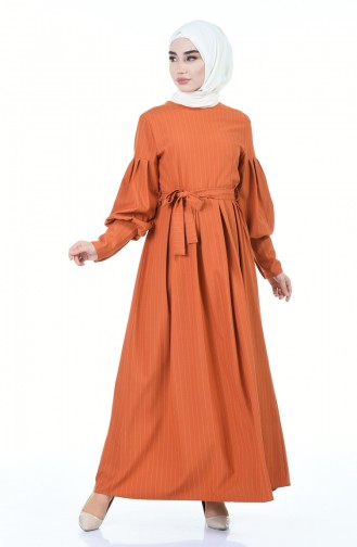 Robe à Manches Ballon Avec Ceinture 12864-05 Tabac 12864-05