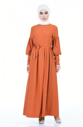 Robe à Manches Ballon Avec Ceinture 12864-05 Tabac 12864-05