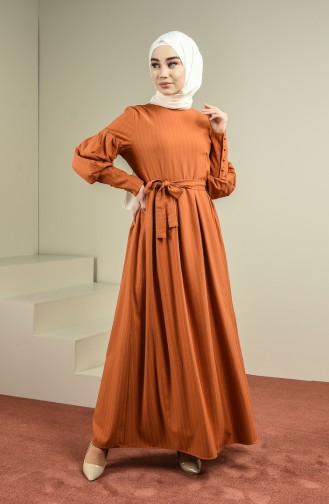 Robe à Manches Ballon Avec Ceinture 12864-05 Tabac 12864-05