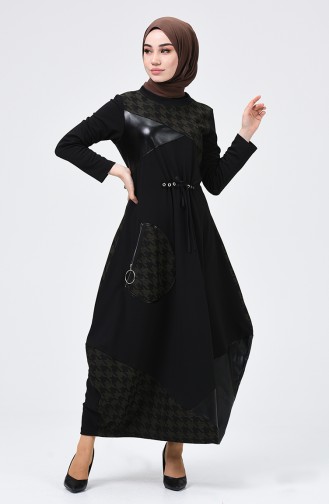 Garnili Elbise 8005-01 Siyah Haki Yeşil