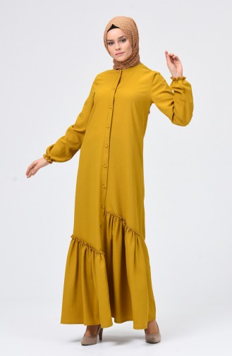 Büzgülü Düğmeli Elbise 4503-02 Yağ Yeşili