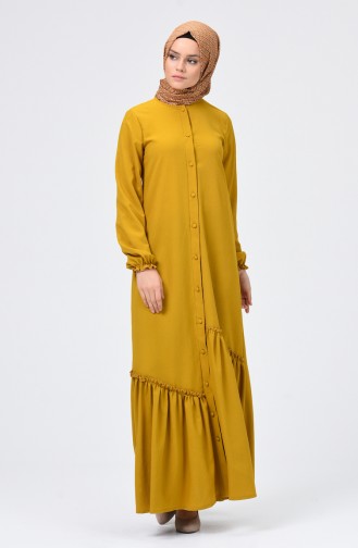 Büzgülü Düğmeli Elbise 4503-02 Yağ Yeşili