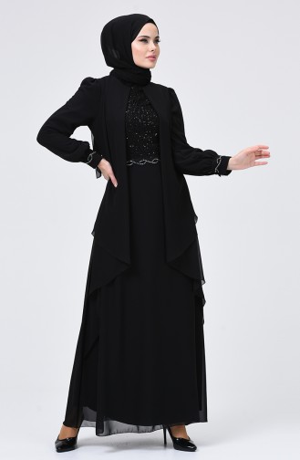 Sequin Detailed Evening Dress 52765-02 Black 52765-02