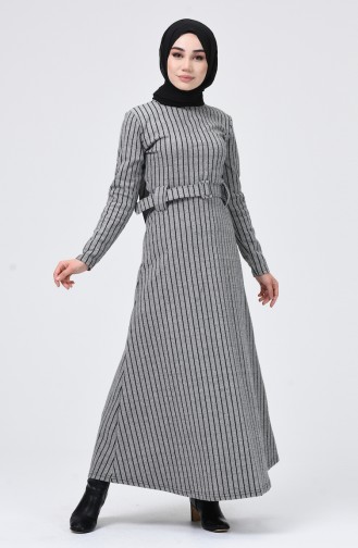 Çizgili Kemerli Kışlık Elbise 0015-03 Gri