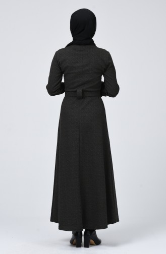 Çizgili Kemerli Kışlık Elbise 0015B-01 Koyu Vizon