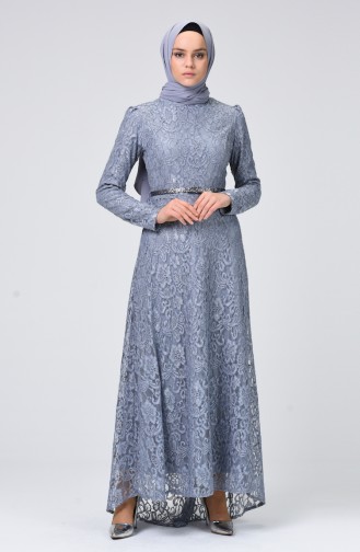 Lace-covered Belted Evening Dress 4718-01 Gray 4718-01