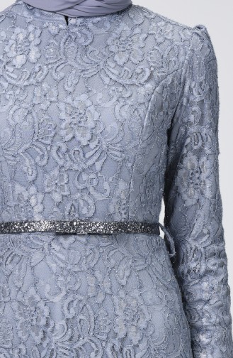 Robe de Soirée a Ceinture et Dentelle 4718-01 Gris 4718-01