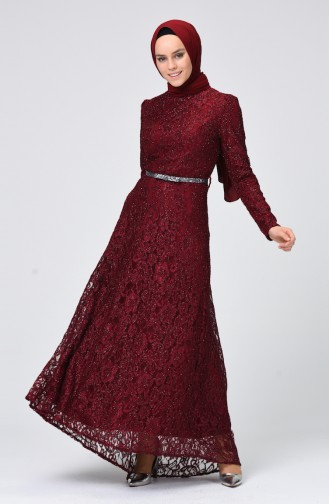 Claret Red Hijab Evening Dress 4718-04