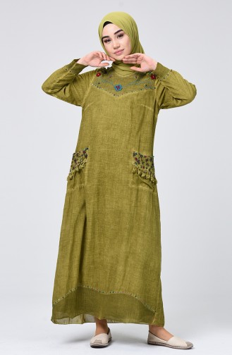 Şile Bezi Püsküllü Elbise 9999-04 Yağ Yeşili