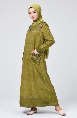 Şile Bezi Püsküllü Elbise 9999-04 Yağ Yeşili