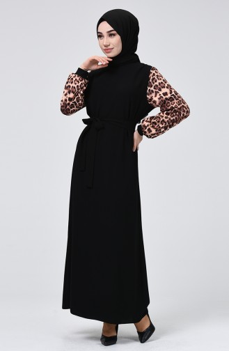 Leopar Desenli Kuşaklı Elbise 0337-01 Siyah