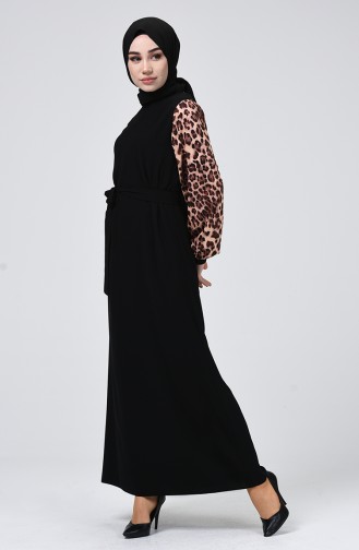 Leopar Desenli Kuşaklı Elbise 0337-01 Siyah