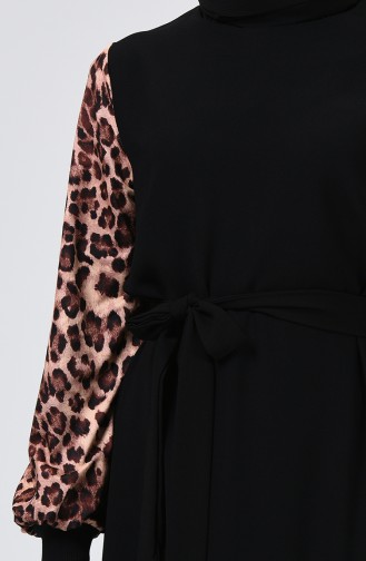 Leopar Desenli Kuşaklı Elbise 0337-01 Siyah