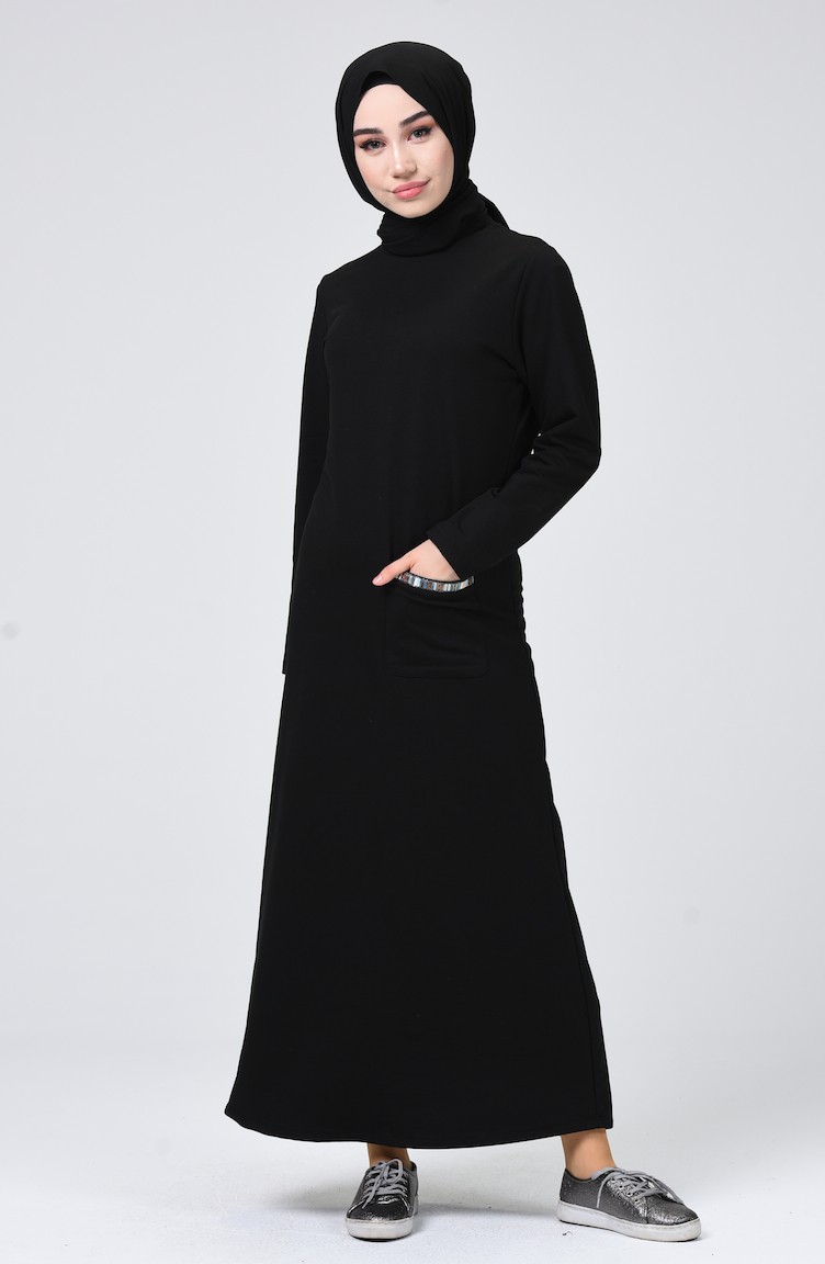Hasir Kemerli Tesettur Elbise Siyah 2094