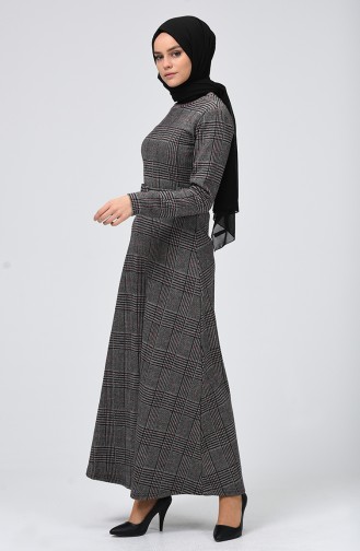 Ekose Desenli Kışlık Elbise 0014B-01 Siyah Bordo